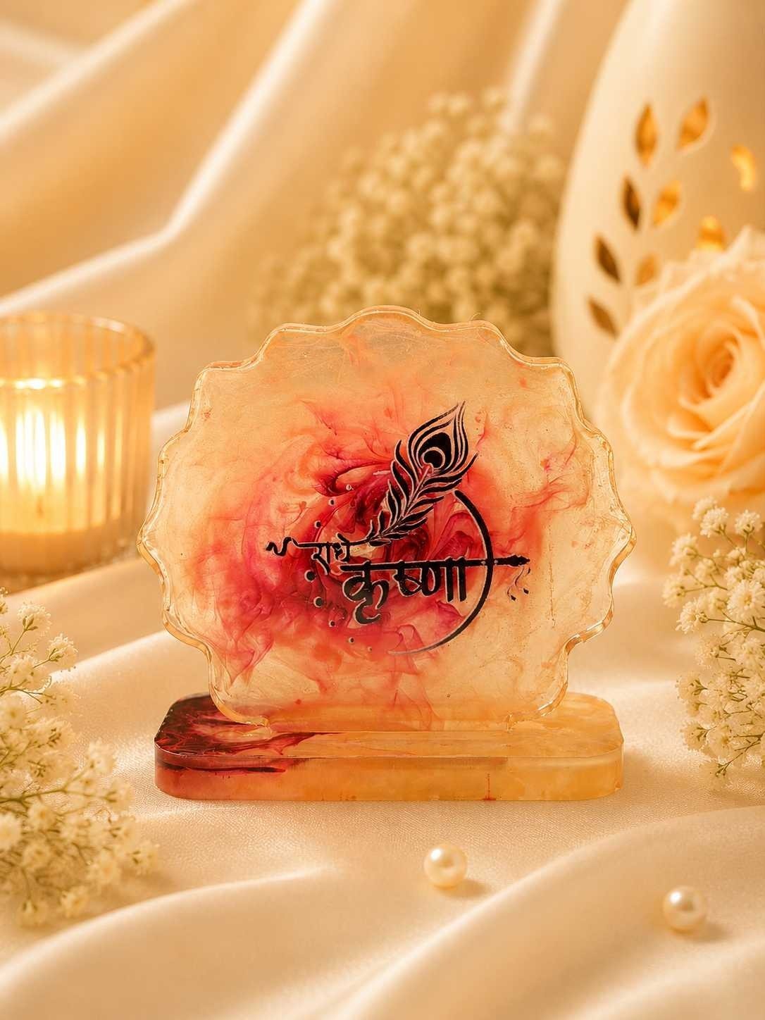 Handmade Resin Radhe Krishna Standy Frame with Mor Pankh for Home Decor
