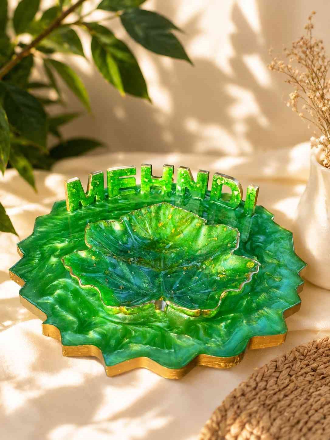 Green Geode Resin Mehndi Platter Tray for Wedding Function