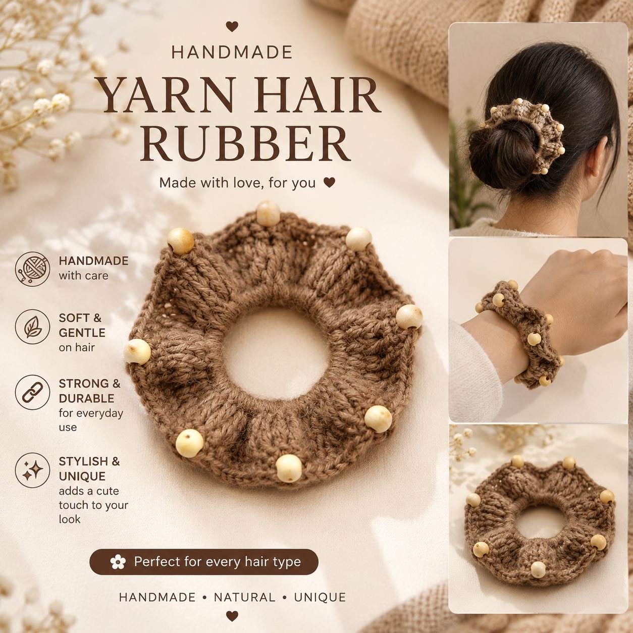 Crochet Yarn Hair Tie Scrunchie - Handmade Wool Hair Rubber for Women