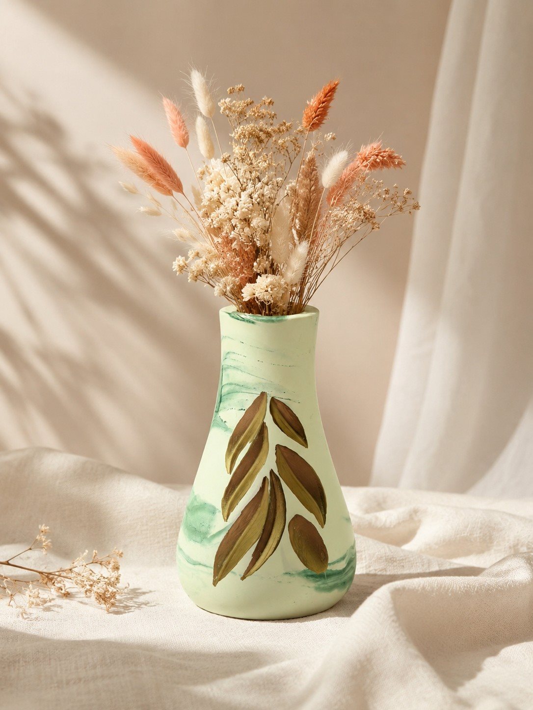 Handpainted Ceramic Leaf Design Flower Vase for Home Decor