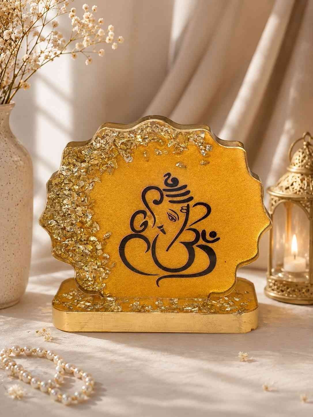 Golden Glitter Resin Ganesha Mantra Frame Stand for Home Temple Decor